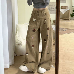 女装 子宽松显瘦阔腿裤 胖mm学生高腰牛仔裤 卡其色裤 女2026新款 大码