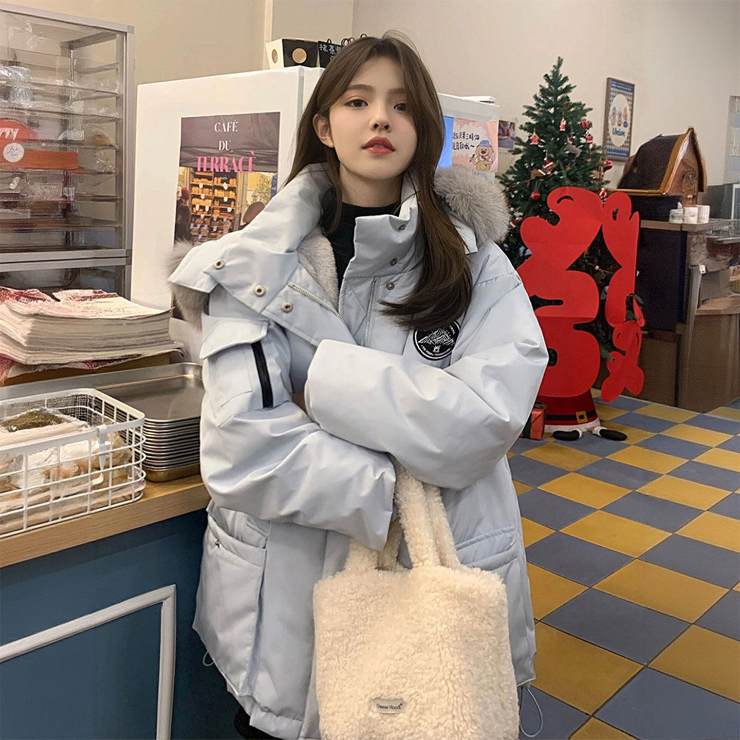 大码女装胖mm浅蓝色加厚派克棉服女冬季韩系穿搭保暖毛绒连帽外套,女装/女士精品,大码棉服,淘宝优惠券,粉丝福利购,淘宝优惠卷