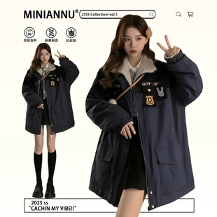 设计感双面穿棉衣外套 胖mm藏青色加绒加厚棉服上衣女冬季 大码 女装