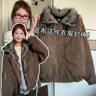 复古加厚保暖毛领棉服女冬季 胖mm美式 学生显瘦美拉德外套 女装 大码