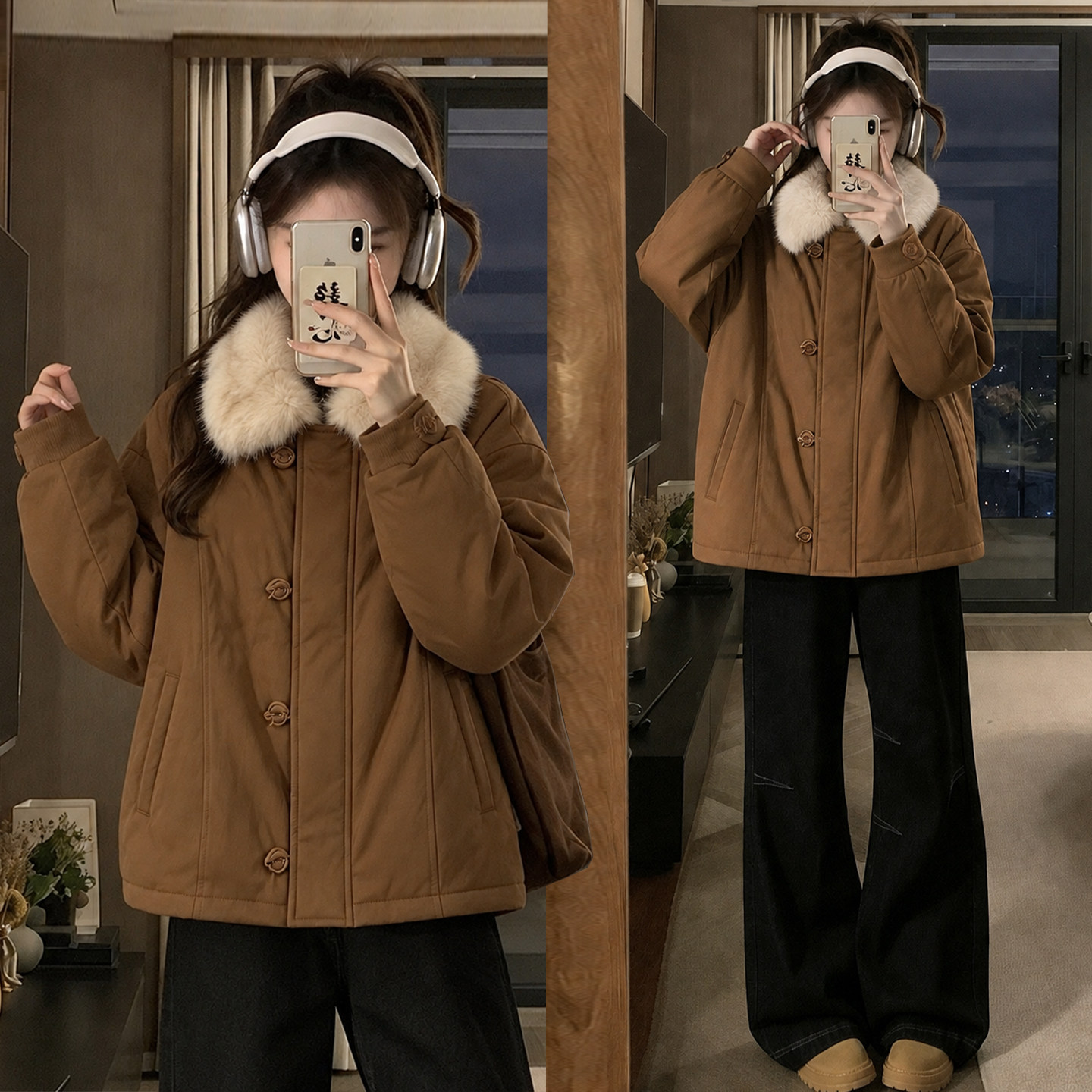 特大码女装美拉德棕色毛绒翻领棉服女冬季胖mm加厚保暖宽松面包服