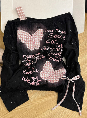 300斤特大码黑色高级感露肩长袖t恤女胖mm蝴蝶刺绣甜辣风斜肩上衣