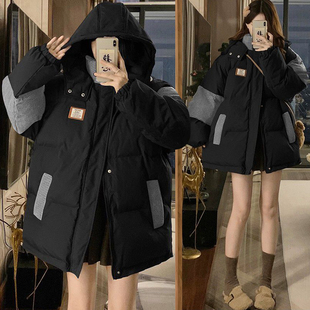拼色设计连帽棉服女胖mm灯芯绒拼接宽松保暖棉衣外套 个性 大码 女装
