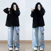 休闲宽松卡通刺绣直筒裤 大码 子 ins蓝色牛仔裤 女新款 女装 胖mm韩版