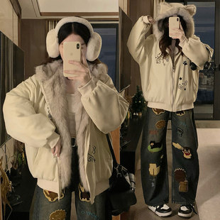 300斤大码 设计感加厚连帽棉服女胖mm学院风百搭保暖棉衣外套 女装