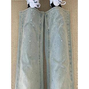 重工烫钻牛仔裤 美式 女胖mm春秋新款 直筒裤 300斤大码 子阔腿裤 女装