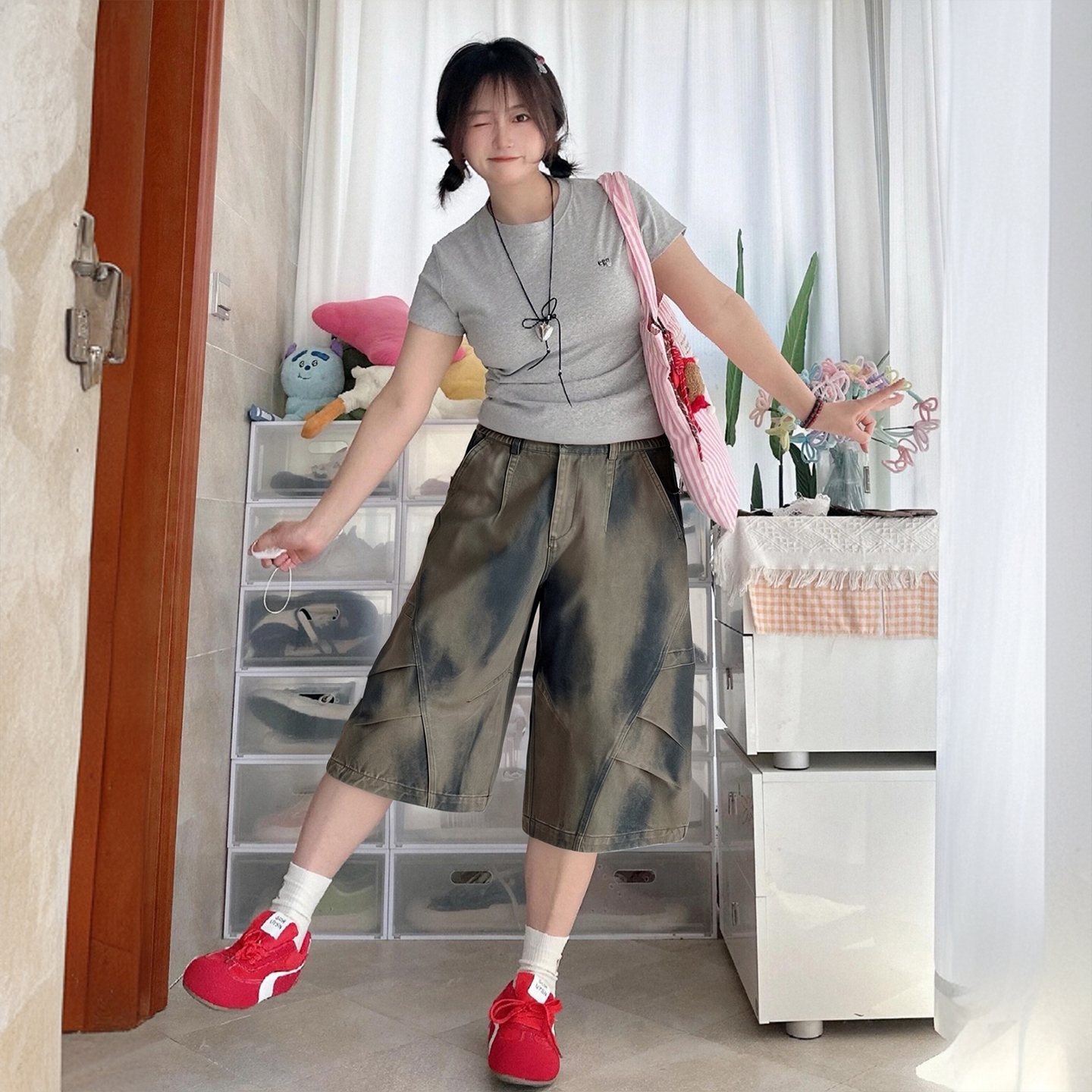 特大码美式小众学院风牛仔短裤女