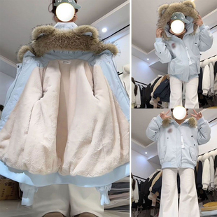 厚棉服 胖mm浅蓝色连帽派克服外套女2025巨好看 300斤特大码 女装