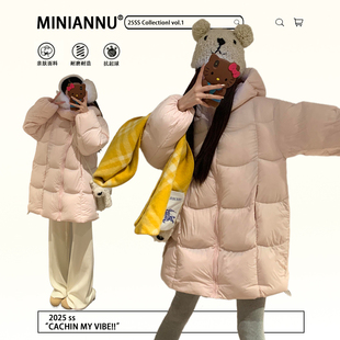 ins时尚 大码 显瘦加厚粉色外套女胖mm韩版 中长款 减龄保暖棉服 女装