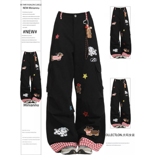 女胖mm宽松休闲百搭阔腿裤 牛仔裤 子 黑色小狗刺绣工装 300斤特大码