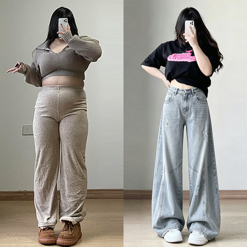 胖mm特大码美式高街破洞牛仔裤女