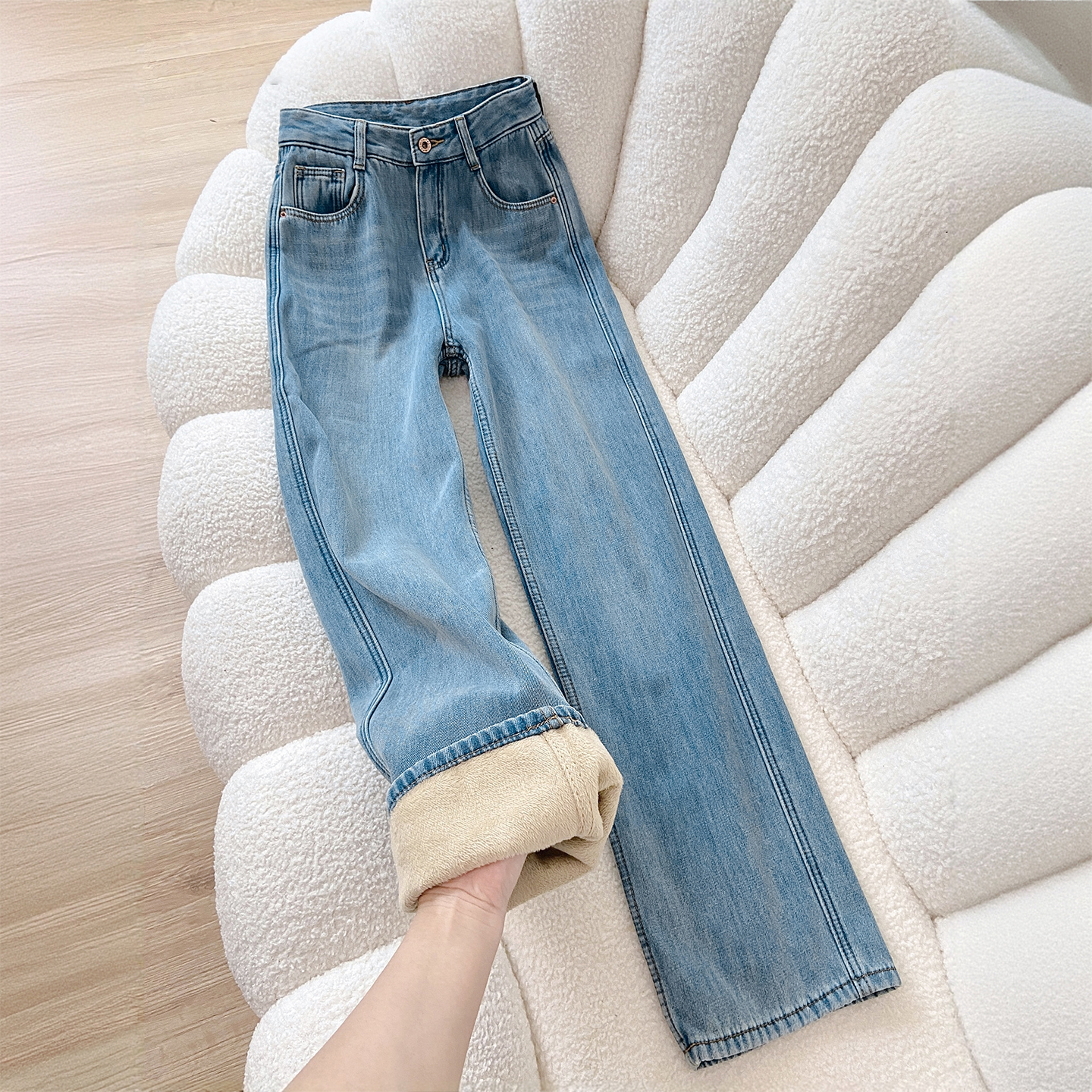 特大码女装高腰遮胯加绒牛仔裤女