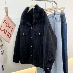 休闲百搭显瘦保暖棉服 新款 大码 胖mm加厚设计感黑色牛仔外套女冬季