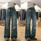 辣妹风甜酷百搭直筒裤 女2026新款 子 胖mm蓝色破洞牛仔裤 300斤大码