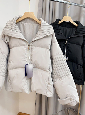 大码女装设计感针织拼接短款棉服女胖mm韩系简约立领加厚保暖外套