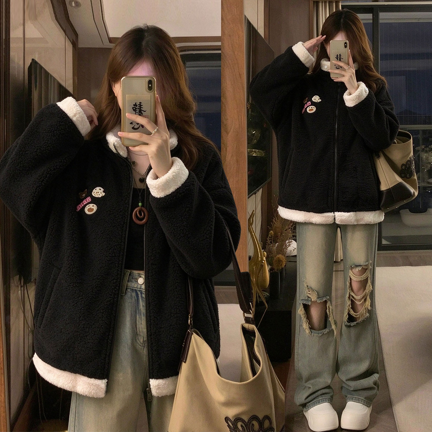 300斤大码女装设计感刺绣撞色棉服女秋冬胖mm加厚保暖羊羔绒外套