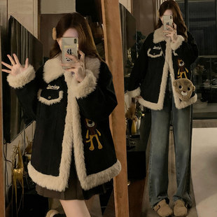 加厚保暖黑色牛仔外套女冬季 胖mm韩版 跨年氛围感穿搭棉服 女装 大码