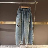 女装 ins显瘦直筒裤 美式 女新款 特大码 子韩版 卡通刺绣牛仔裤 胖mm裤