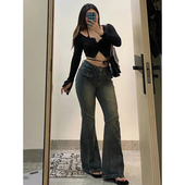 高街辣妹微喇牛仔裤 女秋季 修身 300斤胖mm美式 显瘦高腰阔腿长裤 子