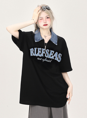 特大码胖mm美式复古牛仔Polo领短袖t恤女夏季休闲宽松半袖上衣潮