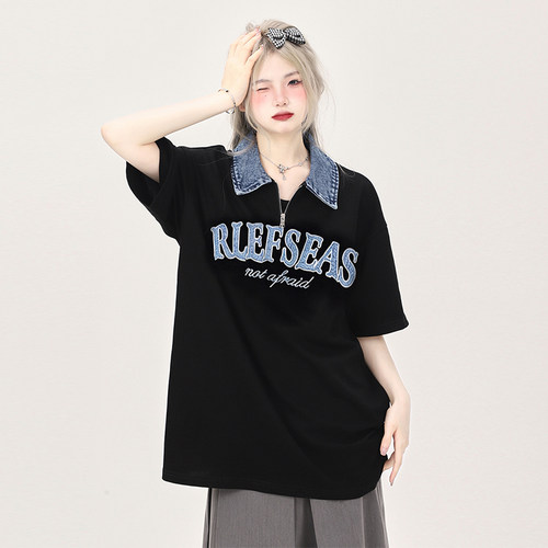 300斤特大码设计感撞色拼接t恤女