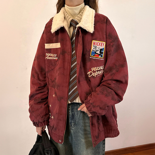 美式 胖mm加绒加厚翻领棉服外套女冬季 复古酒红色夹克上衣 女装 大码