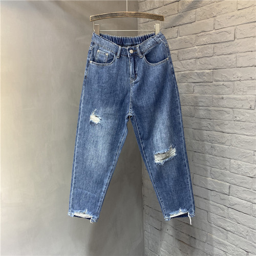 特大码女装牛仔裤女胖MM高腰破洞