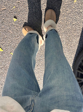 300斤胖mm大码蓝色加绒牛仔裤女美式慵懒松弛感裤子显瘦直筒长裤