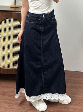 300斤特大码蕾丝拼接牛仔半身裙女胖mm蓝色高腰遮肉显瘦a字长裙子