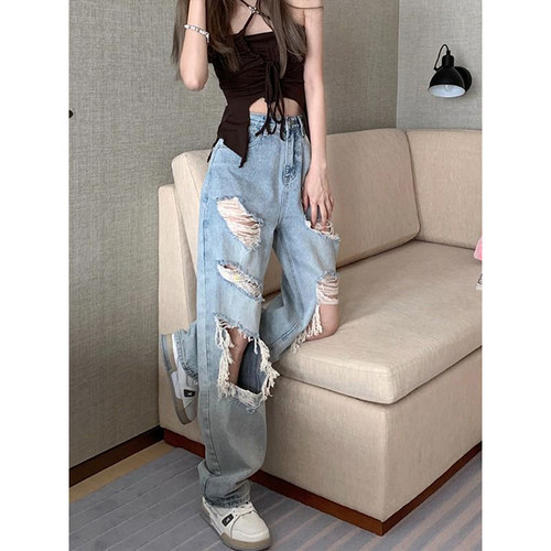 特大码美式ins高街辣妹破洞长裤