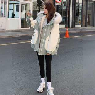 连帽外套 设计感拼色工装 特大码 学院风加厚保暖棉服上衣女胖mm冬季