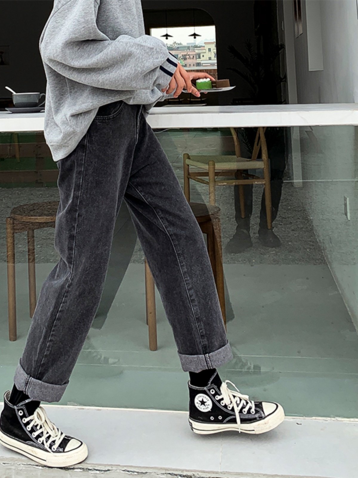 300 POUNDS EXTRA LARGE SIZE FAT MM HIGH WAIST SMOKE GRAY FLEECE THICKENED JEANS WOMENS LOOSE AND THIN STRAIGHT-LEG WIDE-LEG PANTS