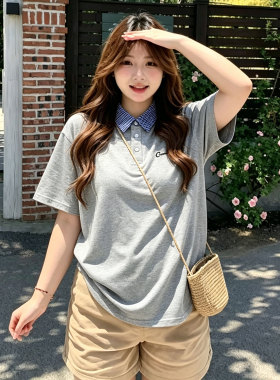 300斤大码胖mm韩系百搭学院风灰色短袖T恤女时尚巨好看的夏日上衣