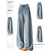 特大码 子 女胖mm烫钻满天星设计感直筒裤 女装 韩系学院风蓝色牛仔裤