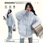 胖mm大码 保暖加厚连帽外套 新款 女装 蓝色简约慵懒风羽绒棉服女冬季