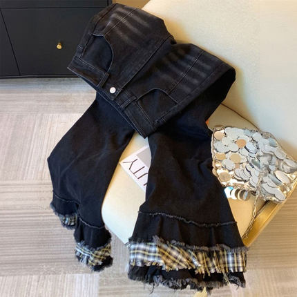 300斤大码女装胖mm黑色微喇牛仔裤女高街显瘦辣妹风学生喇叭裤子