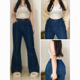 女胖mm梨形高腰宽松遮肉显瘦阔腿长裤 微喇牛仔裤 女装 300斤特大码