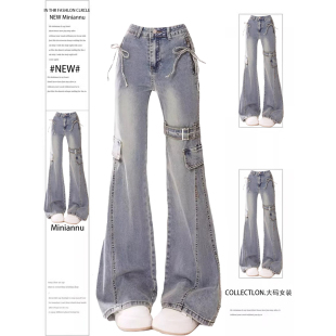 高街蝴蝶结设计感阔腿裤 大码 女胖mm美式 学生弹力微喇牛仔裤 子 女装