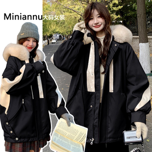 冬装 甜美宽松学院风黑色派克棉服女胖mm巨好看 外套厚 女装 特大码
