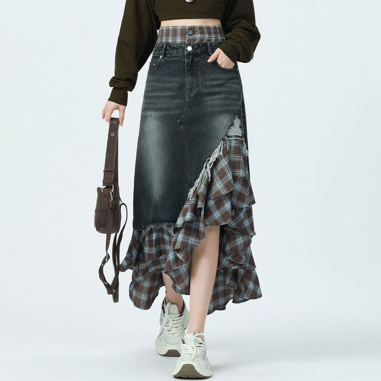 大码女装学院风减龄蓝色拼接牛仔半身裙女胖mm中长款格纹设计裙子