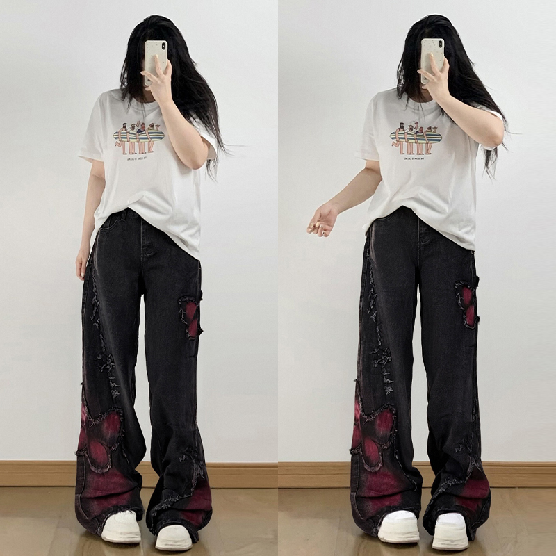 300斤大码女装美式个性ins蝴蝶刺绣牛仔裤女胖mm显瘦黑色阔腿裤子