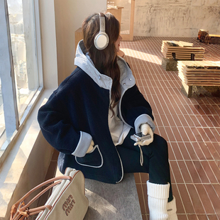 胖mm大码 藏青色保暖羊羔毛厚外套女韩系超好看连帽摇粒绒棉服 女装