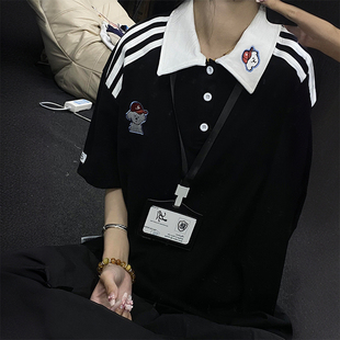t恤女胖mm黑色宽松显瘦学生上衣 大码 女装 童趣卡通刺绣polo衫 短袖