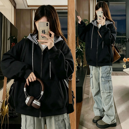 特大码胖mm设计感撞色休闲外套女