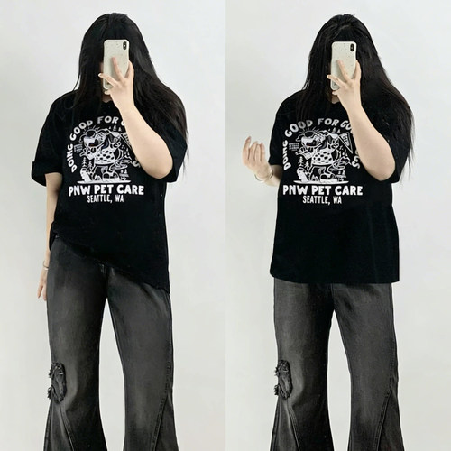 大码胖mm黑色卡通宽松短袖T恤女