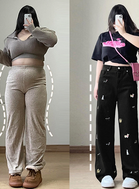 大码女装胖mm黑色牛仔裤女春季超火好看小狗刺绣裤子宽松直筒长裤