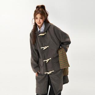 特大码女装胖mm高级灰牛角扣连帽呢子大衣女美式复古潮牌毛呢外套
