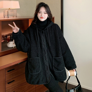 特大码 黑色连帽羊羔毛棉服女2025秋冬胖mm韩系保暖宽松厚外套 女装