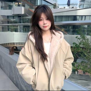 高级慵懒风加厚连帽外套 韩系学院风加绒棉服女胖mm美式 特大码 女装