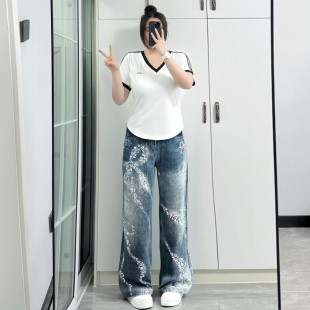 女胖mm美式 大碼 女裝 設(shè)計(jì)感滿印蝴蝶印花牛仔褲 高級(jí)感寬松闊腿長褲